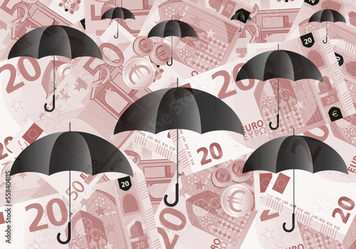 Ahorros protegidos. Fondo de billetes de 50 y 20 euros en tonos sepia y fondo de paraguas negros abiertos