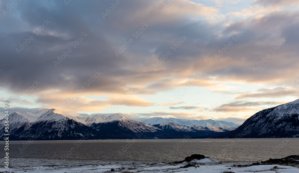 stunning sunset in the mountains of Anchorage, Alaska in winter