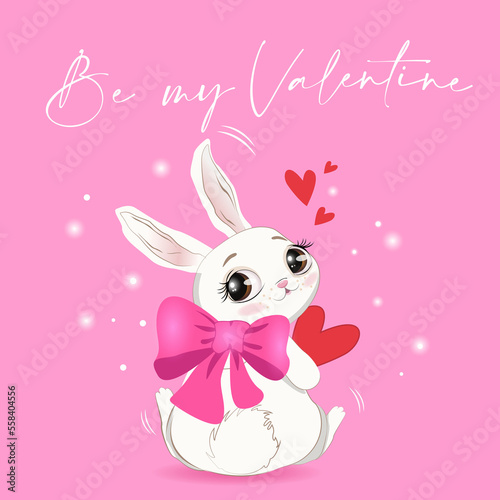 cute rabbit bunny with a pink bow and brown eyes vector drawing