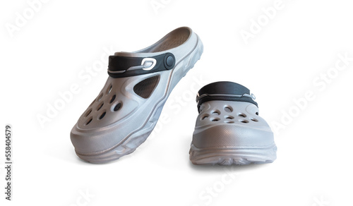 glay rubber Sandal with white background and copy space for text and logo, Foam slippers for women and men photo