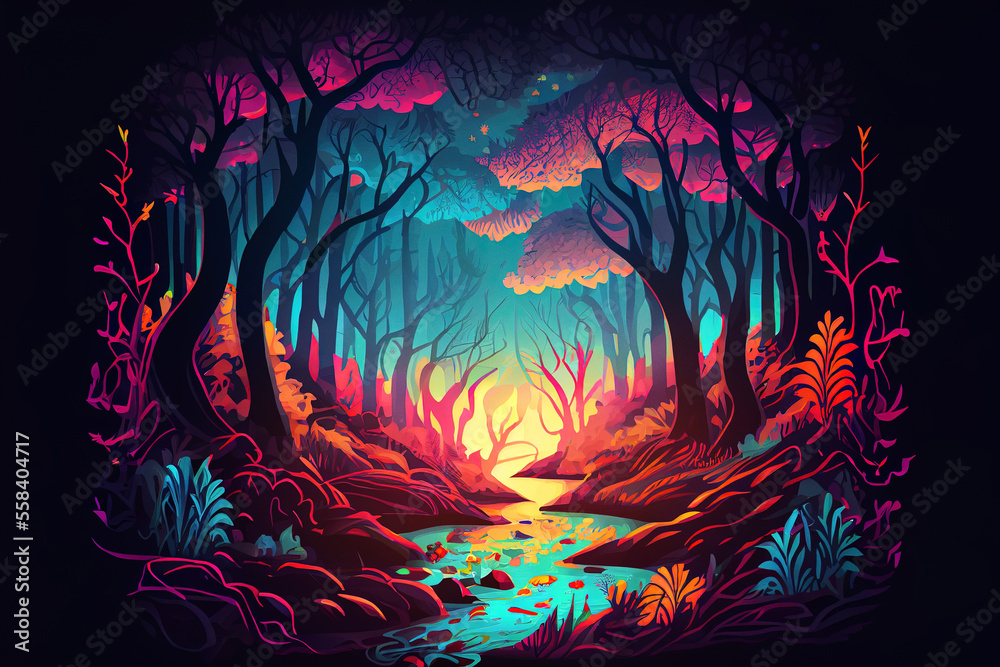 Surreal dreamlike forest landscape with a glowing trees and flowing river. Synthwave technique and colours.  
Digitally generated AI image.