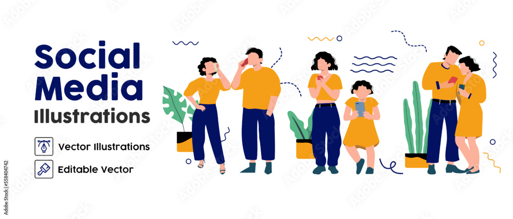 Modern social media. Concept business illustrations. set Collection of scenes with couple using social media. Vector illustration