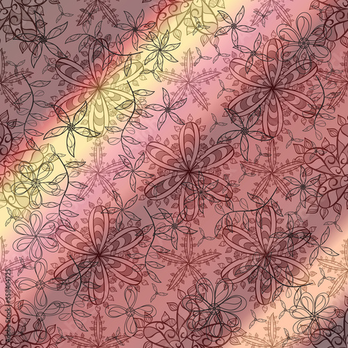 Seamless pattern with interesting doodles on colorfil background. illustration. photo