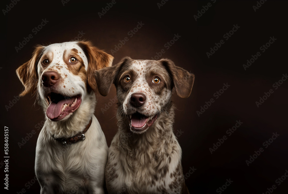Studio portrait of two mixed breed dogs on a brown background. Generative AI.