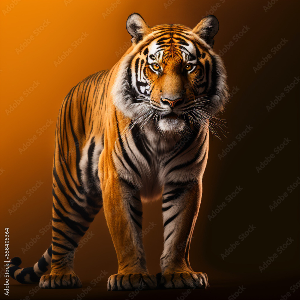 Obraz premium Portrait of a tiger on an orange background. Generative AI.