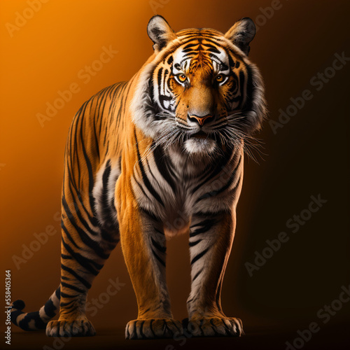 Portrait of a tiger on an orange background. Generative AI.