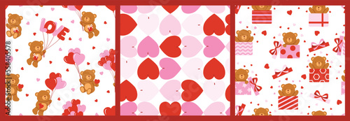 Collection of patterns with cute bear and hearts in pink and red colors. Vector design