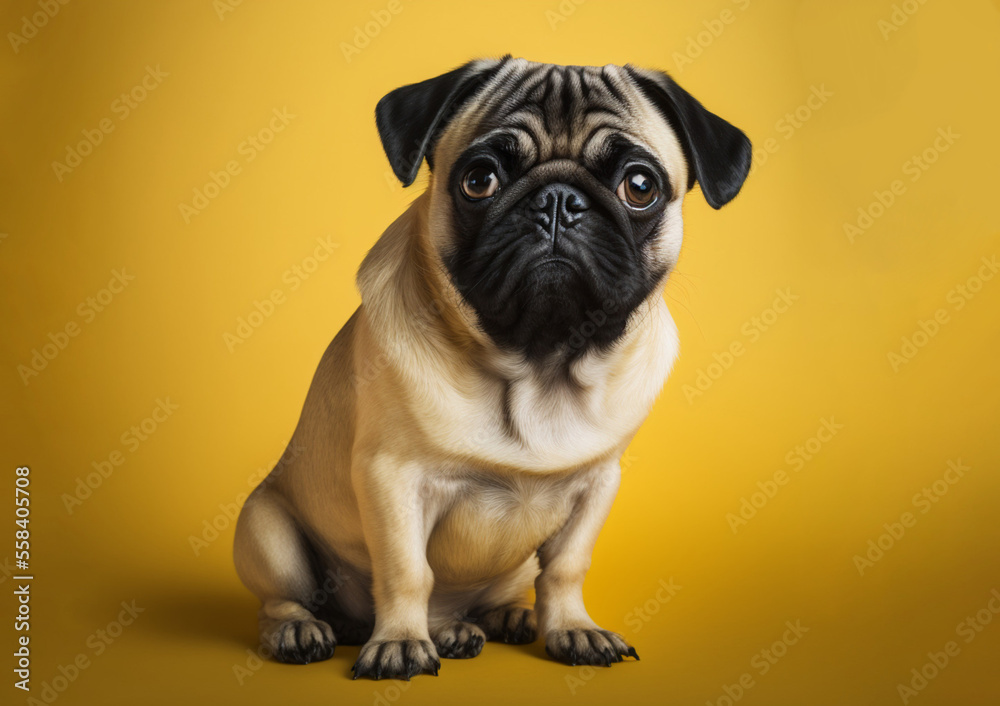 Studio portrait of a Pug dog on a yellow background. Generative AI.