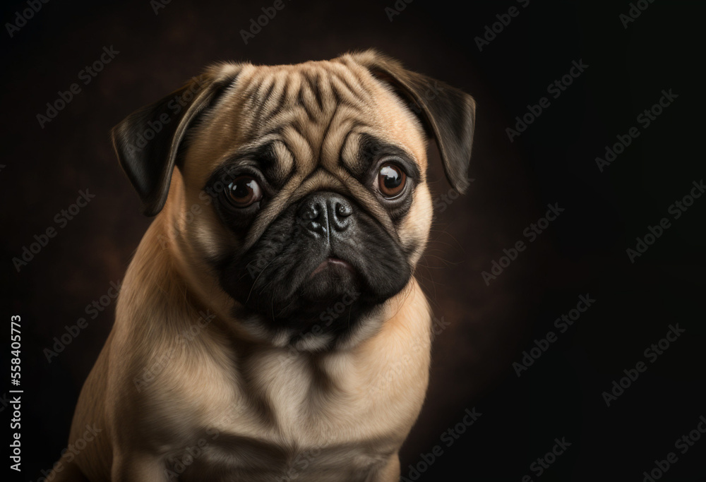 Studio portrait of a Pug dog on a brown background. Generative AI.