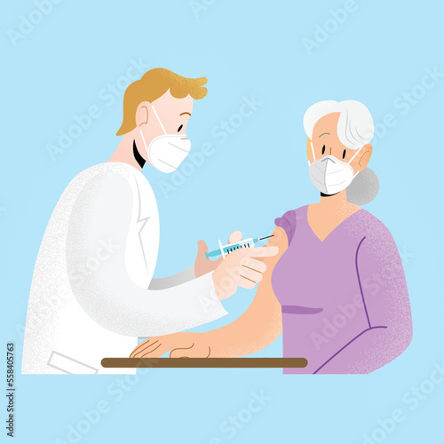 Doctor and patient wearing ffp2 kn95 masks. Young doctor vaccinating old woman patient's arm with syringe. Vaccine inoculation. International vaccination campaign against coronavirus covid-19.