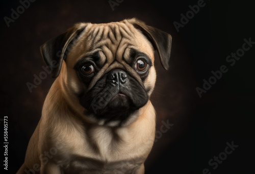 Studio portrait of a Pug dog on a brown background. Generative AI. © DALU11