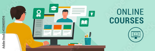 E-learning: student taking online classes on her computer