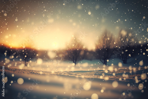 Winter landscape at sunset with snowfall. Generative AI.