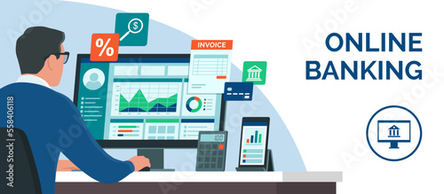 Businessman checking reports and online bank account on computer