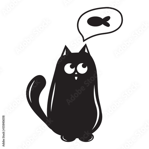 Cute cat dreams of food, black outline vector illustration in doodle style