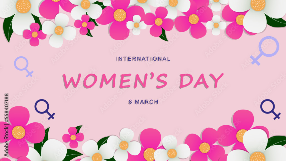 International women's day 8 march with flower and leaves frame background. Happy women's day.
