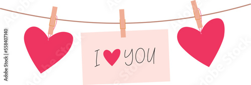 I love you and hearts on a rope with clothespins vector illustration