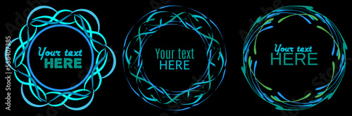 Set of hand painted vector circle blue frame borders. Abstract round design element on black background