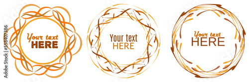 Set of hand painted vector circle gold frame borders. Abstract round design element on white background