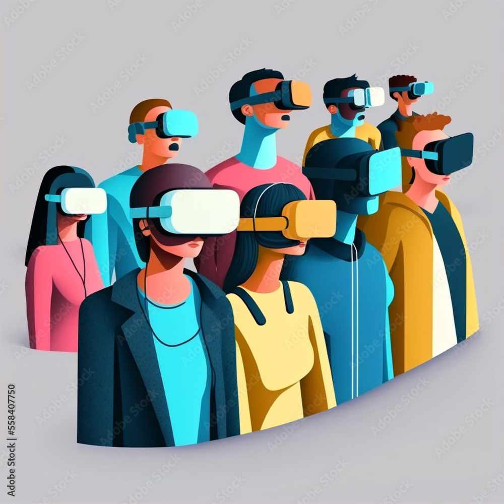 Group of people using VR glasses. Metaverse concept. Generative AI. Group of people using VR glasses. Metaverse concept. Generative AI.