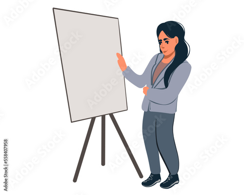 A young woman or girl stands at the blackboard, training, explanation, master class. Flat vector illustration