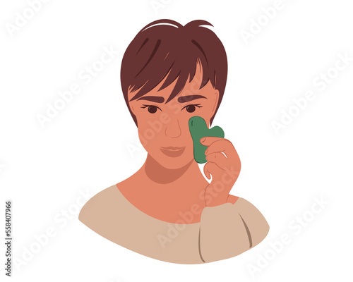 Young woman facial massage with gouache. Self-massage. Flat vector illustration