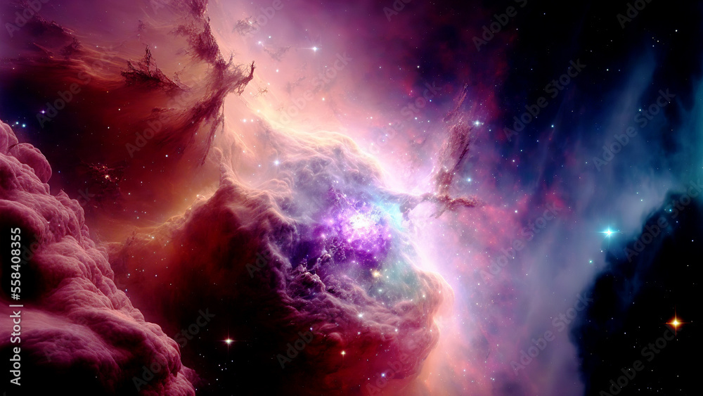 Obraz premium Large panoramic view of a colorful dark blue nebula in space. Cosmic background with bright shining stars, galaxies and deep universe. Generative ai