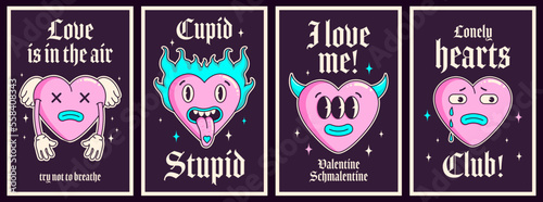 Groovy y2k anti valentines day conception poster with goth slogan.Trendy gothic emo style 2000s. Happy Valentines day greeting card. Sad background. Creepy weird teen Valentine's day concept. Retro.