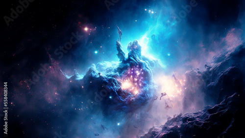 Large panoramic view of a colorful dark blue nebula in space. Cosmic background with bright shining stars, galaxies and deep universe. Generative ai photo