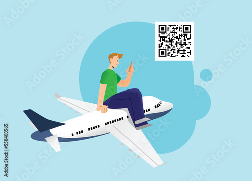 Young man airplane passenger looking at smartphone screen with qr code. Concept of travel authorization with digital pass or vaccine passport, digital green pass. Summer holiday travel.