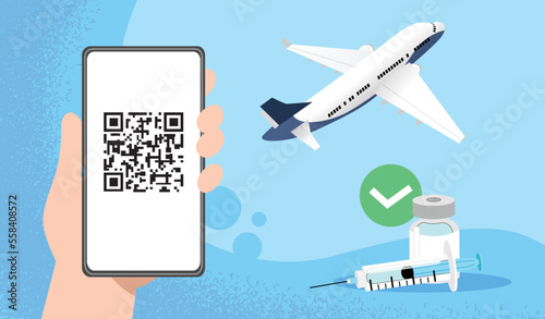 Hand holding smartphone with qr code on screen vector illustration. Airplane in background with syringe and vaccine against virus. Concept of digital vaccine pass passport, certificate of vaccination.