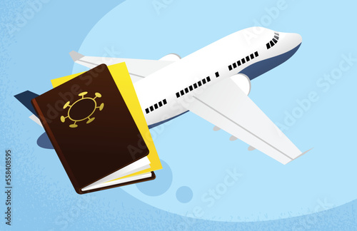 Vaccine passport with airplane on background. International certificate of immunity and vaccination. Concept of travel authorization during covid-19 pandemic. Summer holidays travel by plane.