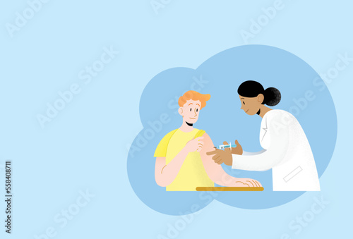 Young woman doctor vaccinating young man patient's arm. Vaccine innoculation. International vaccination campaign against coronavirus covid-19.