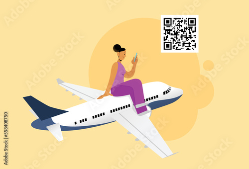 Young woman traveller taking airplane holding smartphone in hand and looking at screen. Qr code in background. Concept of digital sanitary pass, travel authorization, certificate of vaccination.