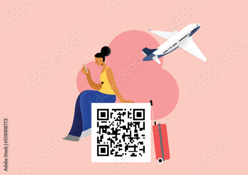 Young woman traveller with suitcase looking a smartphone screen with qr code. Airplane in background. Concept of travel authorization and digital sanitary pass, or certificate of vaccination.