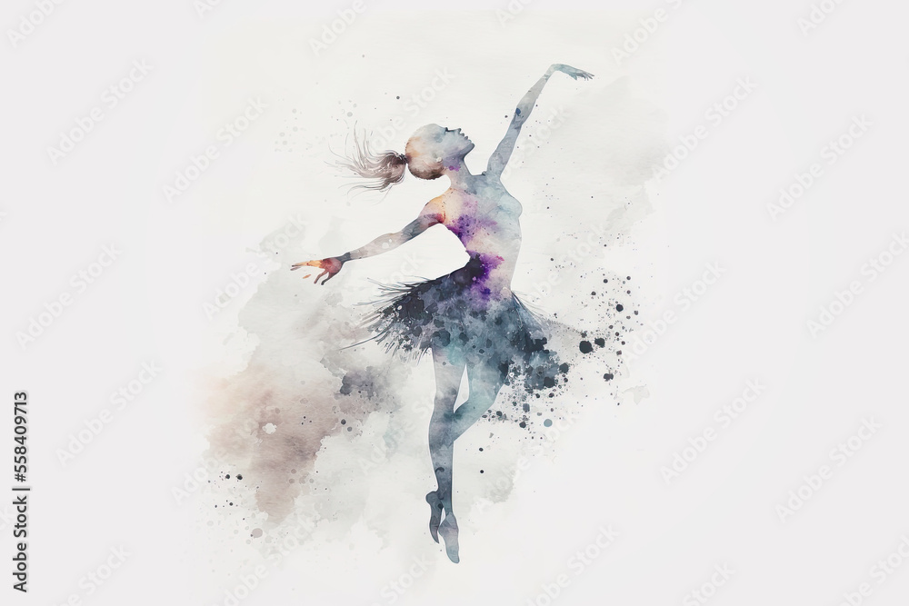 Watercolor woman dancer, Ballet postal card, Generative AI - obrazy, fototapety, plakaty 