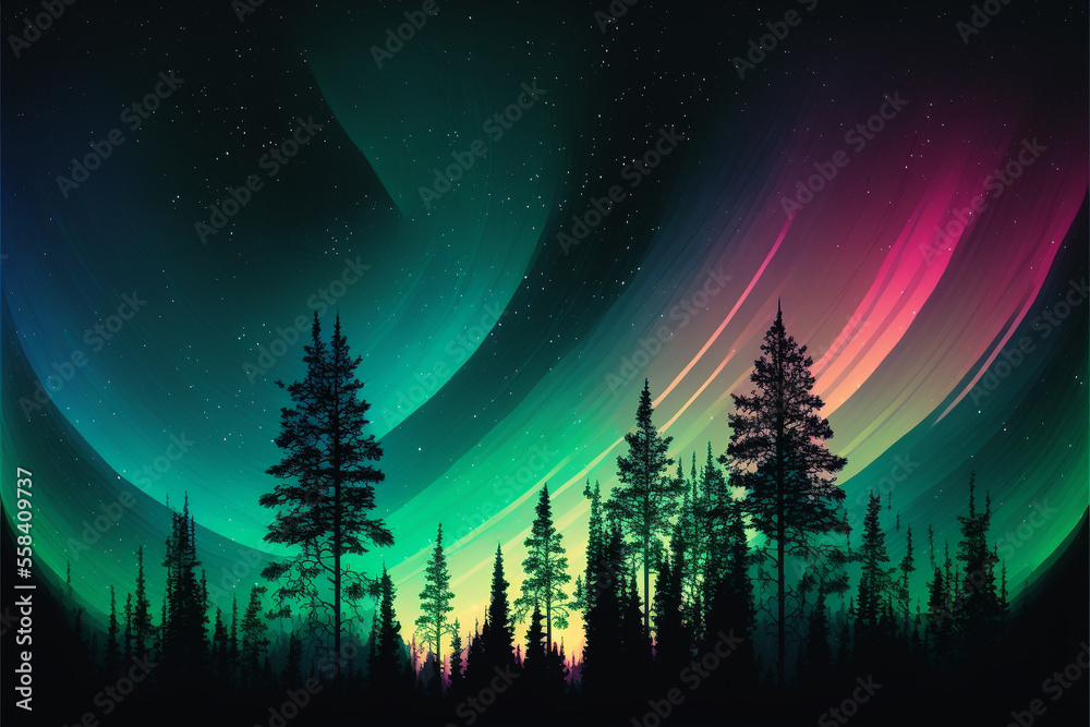 Fototapeta premium Illustration of an landscape with aurora borealis. Generative Ai illustration in vector style.