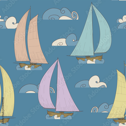 Boats sailing on sea waves cartoon seamless pattern