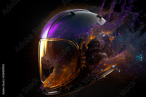 Futuristic astronaut helmet made of stars and galaxies isolated on black background. Digitally generated AI image
