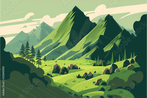 Landscape with mountains and trees. Generative Ai.