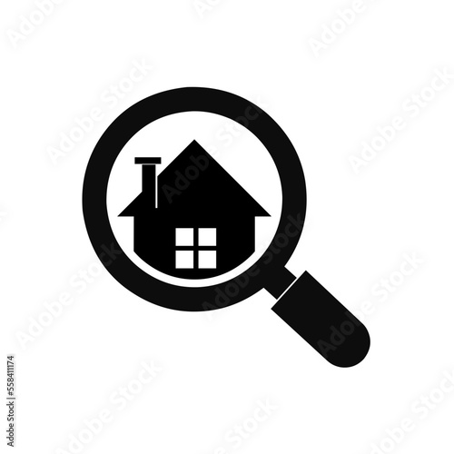 Magnifying glass with house. Vector icon. Property search icon.