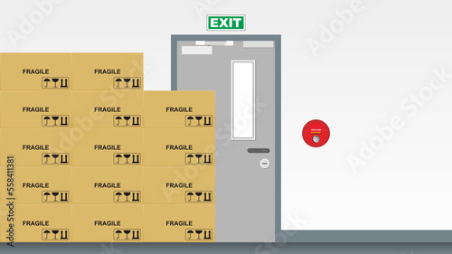 Emergency exit door blocked by material or pile of cardboard illustration. Unsafe condition for safety. Industrial, factory, office or manufacture.