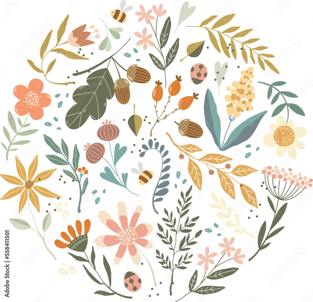 Floral doodle vector round illustration with wildflowers, acorns, leaves, bee and ladybug on textured background	