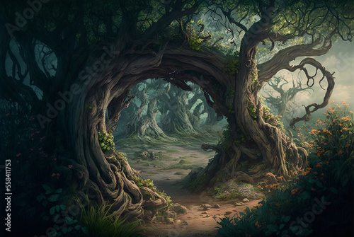 Fantasy forest path with old trees scene AI Generative