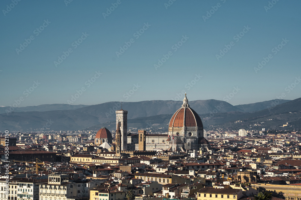 Scenic view on Florence old town in Italy with Duomo Cathedral of Santa Maria del Fiore and Giotto's Bell Tower