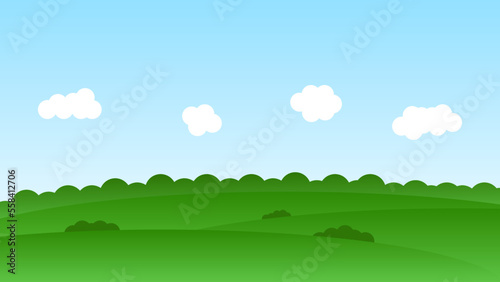 landscape cartoon scene with green field and white cloud in summer blue sky background