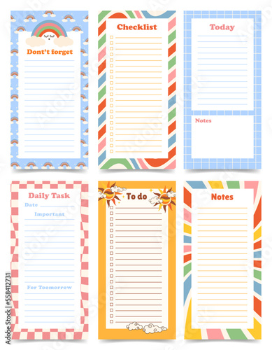Set of planners, daily tasks, to do list, notes, tasks for today pages template. Vertical journal on abstract colorful pattern background. Y2k style. Vector illustration