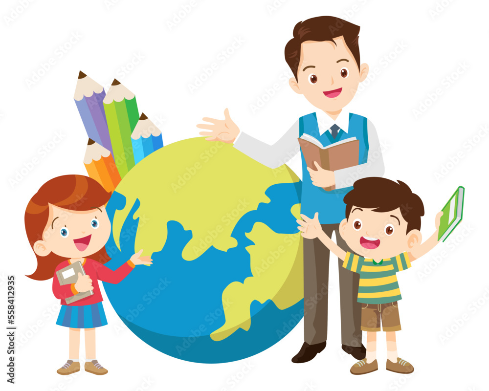 happy teacher with Boy and girls learning or studying happy teacher with Boy and girls learning or studying