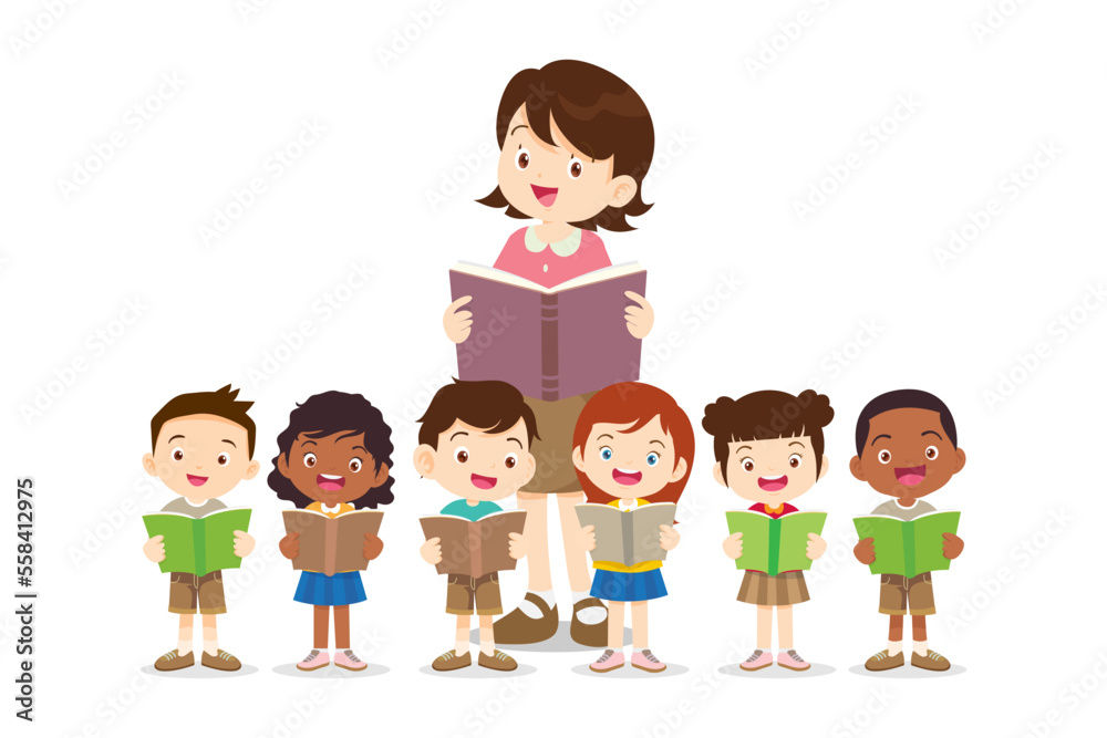 happy teacher with Boy and girls learning or studying happy teacher with Boy and girls learning or studying