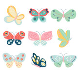A collection of different butterflies in pastel colors.
